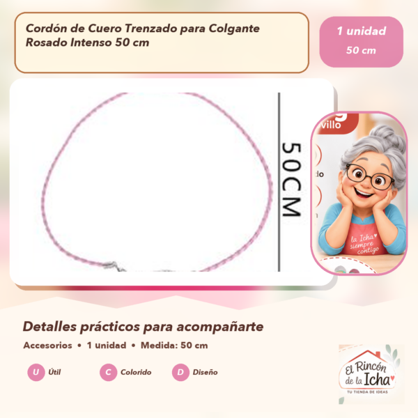 Cordón de Cuero Trenzado para Colgante Rosado Intenso 50 cm