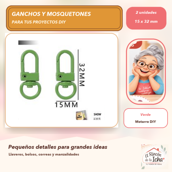 Set de 2 Mosquetones Giratorios Metálicos Verde 15 x 32 mm