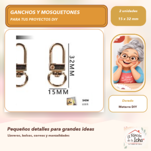 DG031-10 Set de 2 Mosquetones Giratorios Metálicos Dorado 15 x 32 mm