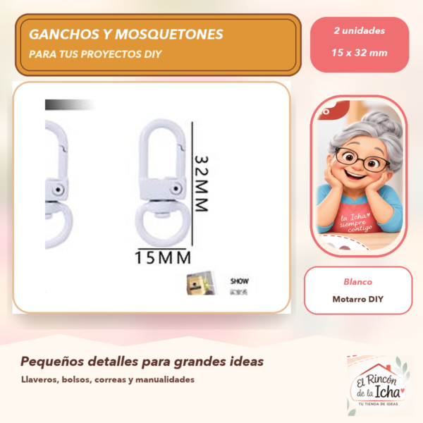 Set de 2 Mosquetones Giratorios Metálicos Blanco 15 x 32 mm