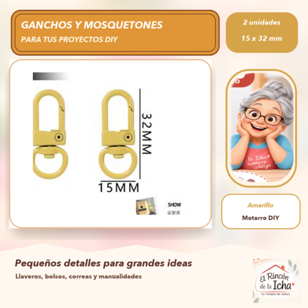 Set de 2 Mosquetones Giratorios Metálicos Amarillo 15 x 32 mm