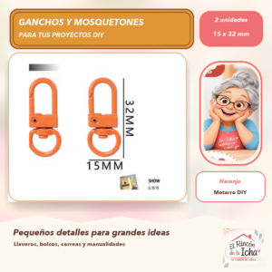 DG031-3 Set de 2 Mosquetones Giratorios Metálicos Naranjo 15 x 32 mm