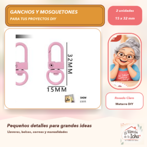 DG031-5 Set de 2 Mosquetones Giratorios Metálicos Rosado Claro 15 x 32 mm