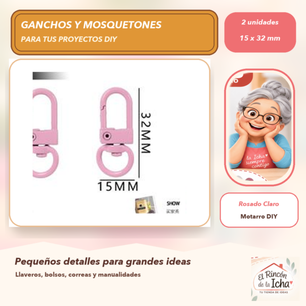 Set de 2 Mosquetones Giratorios Metálicos Rosado Claro 15 x 32 mm