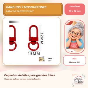 DG031-6 Set de 2 Mosquetones Giratorios Metálicos Rojo 15 x 32 mm
