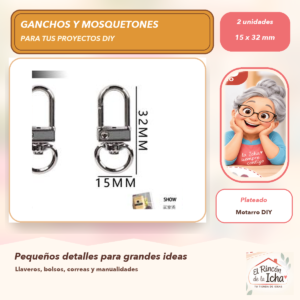 DG031-9 Set de 2 Mosquetones Giratorios Metálicos Plateado 15 x 32 mm