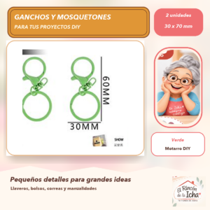 DG032-1 Set de 2 Mosquetones Metálicos con Argolla Verde 30 x 70 mm
