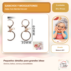 DG032-10 Set de 2 Mosquetones Metálicos con Argolla Dorado 30 x 70 mm