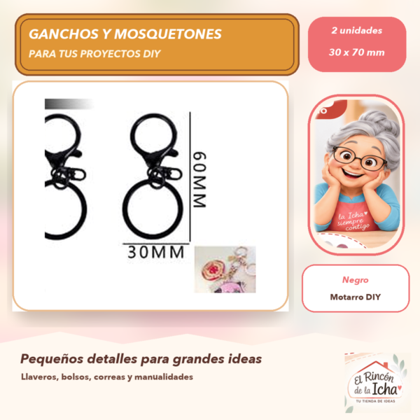 Set de 2 Mosquetones Metálicos con Argolla Negro 30 x 70 mm