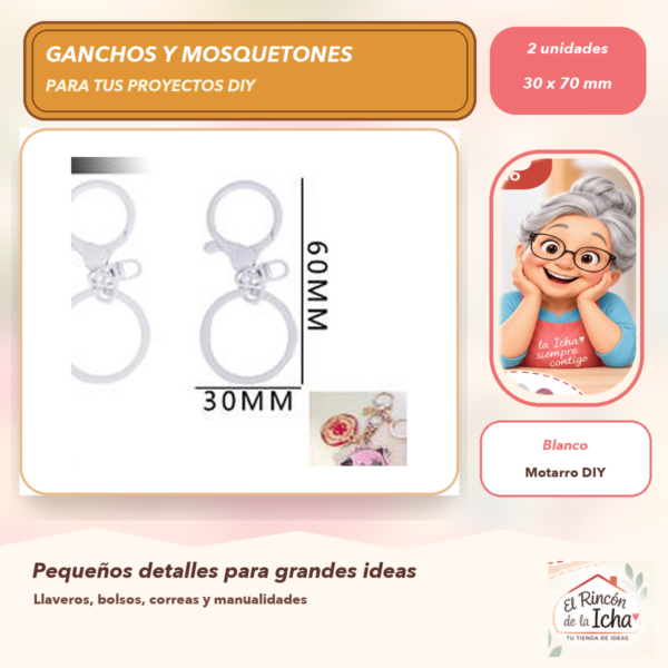 Set de 2 Mosquetones Metálicos con Argolla Blanco 30 x 70 mm