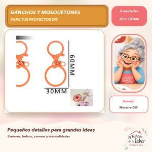 DG032-3 Set de 2 Mosquetones Metálicos con Argolla Naranjo 30 x 70 mm