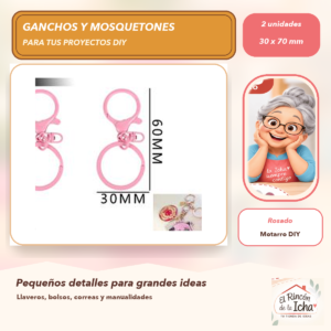 DG032-5 Set de 2 Mosquetones Metálicos con Argolla Rosado 30 x 70 mm