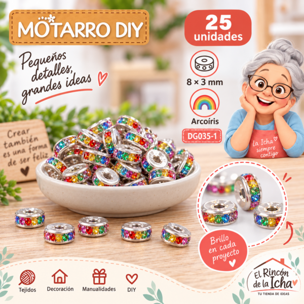 Cuentas separadoras con strass y borde plateado – Arcoíris – 8 × 3 mm – 25 unidades