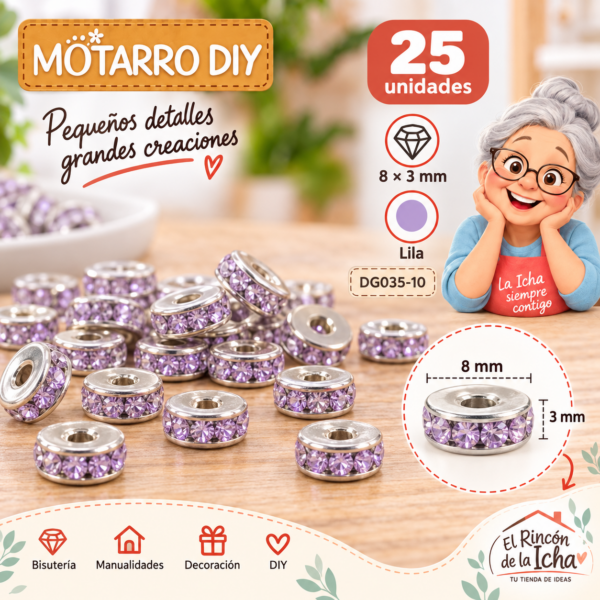 Cuentas separadoras con strass y borde plateado – Lila – 8 × 3 mm – 25 unidades
