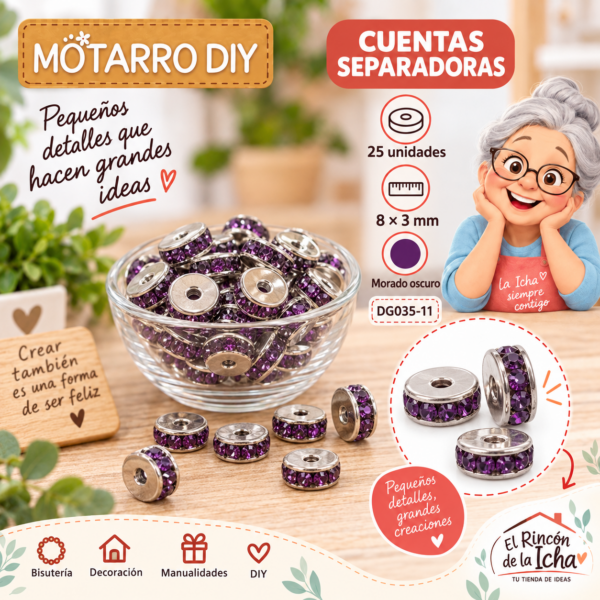 Cuentas separadoras con strass y borde plateado – Morado oscuro – 8 × 3 mm – 25 unidades