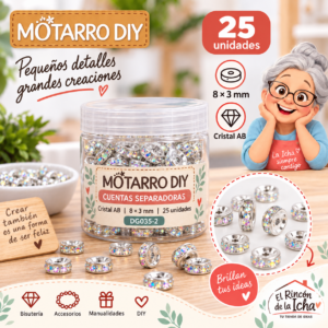 Cuentas separadoras con strass y borde plateado – Cristal AB – 8 × 3 mm – 25 unidades