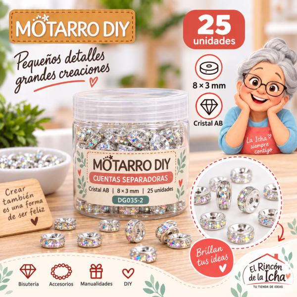 Cuentas separadoras con strass y borde plateado – Cristal AB – 8 × 3 mm – 25 unidades