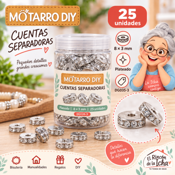 Cuentas separadoras con strass y borde plateado – Plateado – 8 × 3 mm – 25 unidades