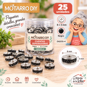 Cuentas separadoras con strass y borde plateado – Negro – 8 × 3 mm – 25 unidades