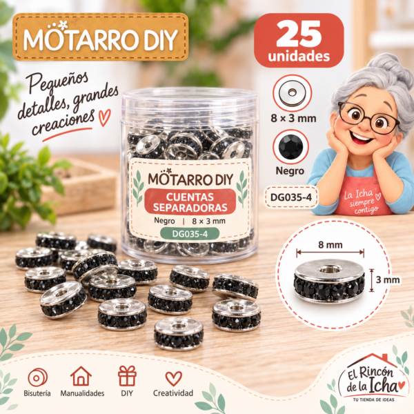 Cuentas separadoras con strass y borde plateado – Negro – 8 × 3 mm – 25 unidades