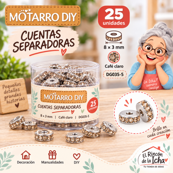 Cuentas separadoras con strass y borde plateado – Café claro – 8 × 3 mm – 25 unidades