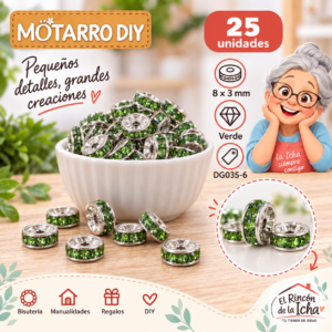 Cuentas separadoras con strass y borde plateado – Verde – 8 × 3 mm – 25 unidades