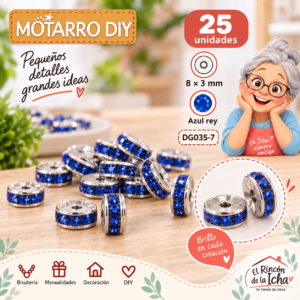 Cuentas separadoras con strass y borde plateado – Azul rey – 8 × 3 mm – 25 unidades