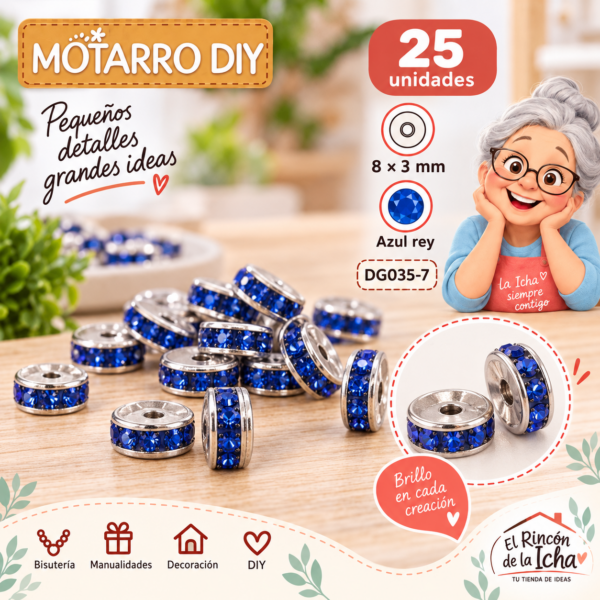 Cuentas separadoras con strass y borde plateado – Azul rey – 8 × 3 mm – 25 unidades