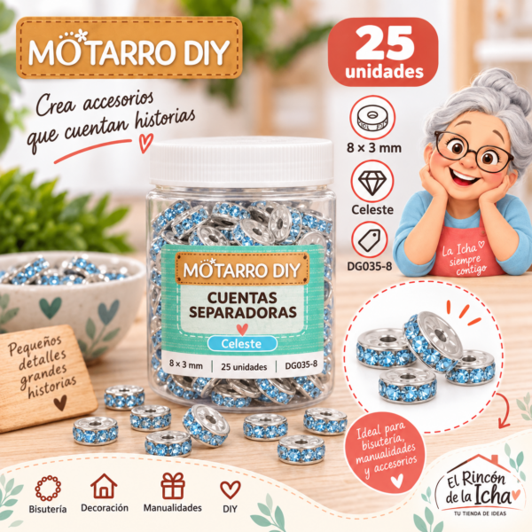 Cuentas separadoras con strass y borde plateado – Celeste – 8 × 3 mm – 25 unidades