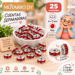 Cuentas separadoras con strass y borde plateado – Rojo – 8 × 3 mm – 25 unidades