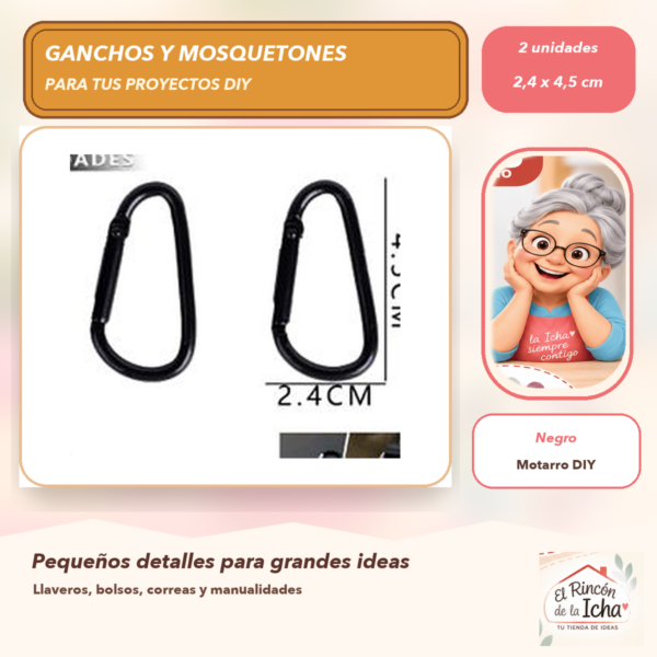 Set de 2 Mosquetones Tipo D Negro 2,4 x 4,5 cm
