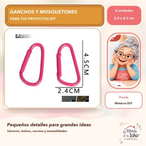 Set de 2 Mosquetones Tipo D Fucsia 2,4 x 4,5 cm
