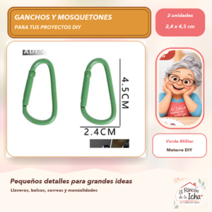 DG037-9 Set de 2 Mosquetones Tipo D Verde Militar 2,4 x 4,5 cm