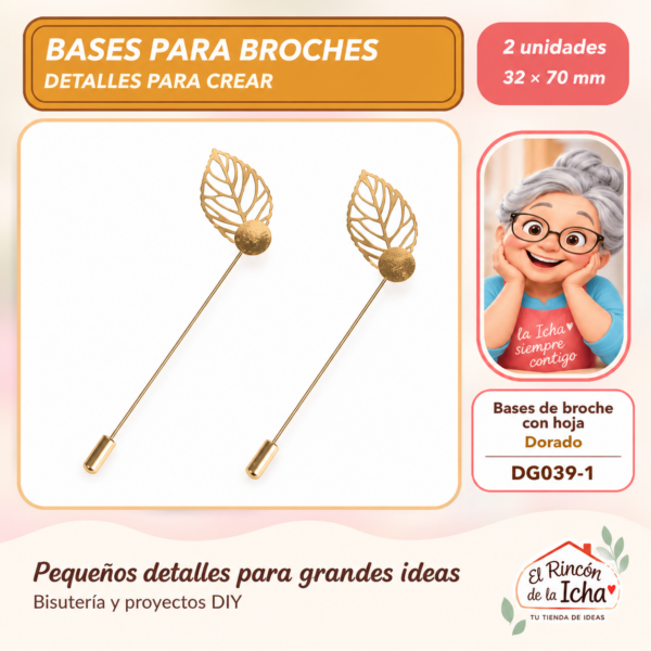 Bases de broche con hoja – Dorado – 32 × 70 mm – 2 unidades