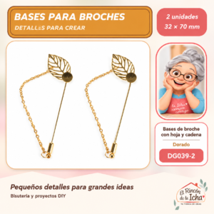 Bases de broche con hoja y cadena – Dorado – 32 × 70 mm – 2 unidades