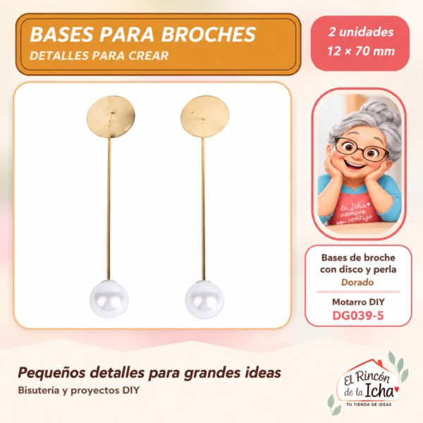 DG039-5 Bases de broche con disco y perla de imitación – Dorado – 12 × 70 mm – 2 unidades
