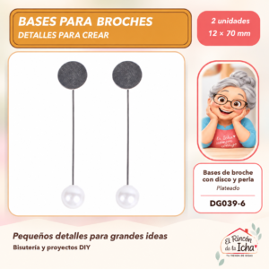 DG039-6 Bases de broche con disco y perla de imitación – Plateado – 12 × 70 mm – 2 unidades