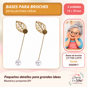 DG039-7 Bases de broche con hoja y perla de imitación – Dorado – 12 × 70 mm – 2 unidades