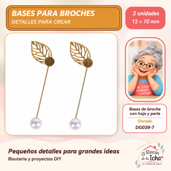 DG039-7 Bases de broche con hoja y perla de imitación – Dorado – 12 × 70 mm – 2 unidades