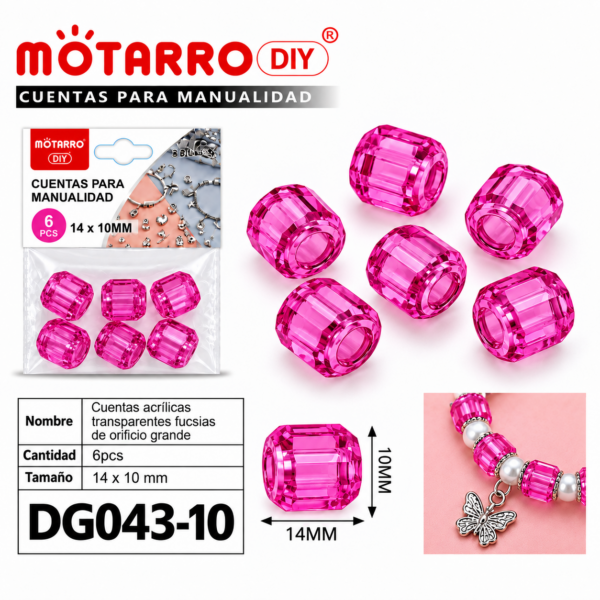Cuentas transparentes de orificio grande – Fucsia – 14 × 10 mm – 6 unidades