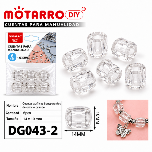 Cuentas transparentes de orificio grande – Transparente – 14 × 10 mm – 6 unidades
