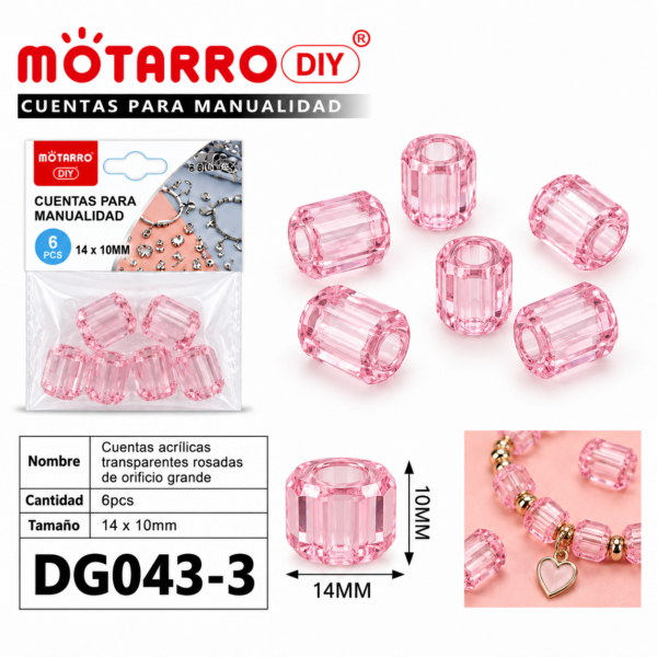 Cuentas transparentes de orificio grande – Rosado – 14 × 10 mm – 6 unidades