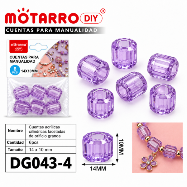 Cuentas transparentes de orificio grande – Morado – 14 × 10 mm – 6 unidades