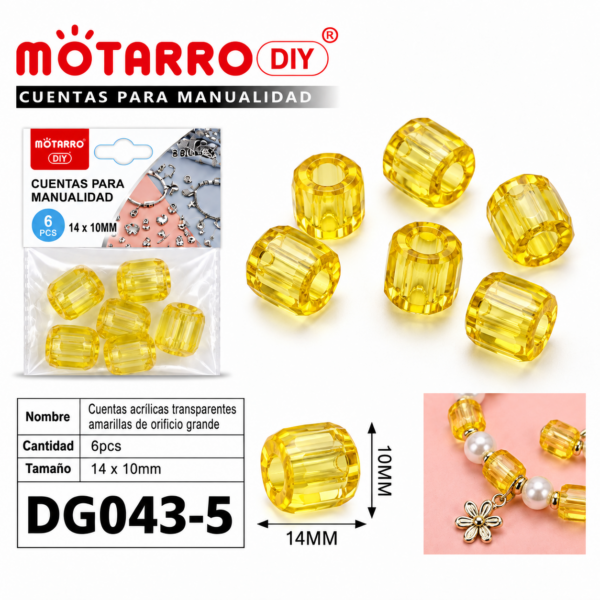 Cuentas transparentes de orificio grande – Amarillo – 14 × 10 mm – 6 unidades