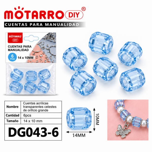 Cuentas transparentes de orificio grande – Celeste – 14 × 10 mm – 6 unidades