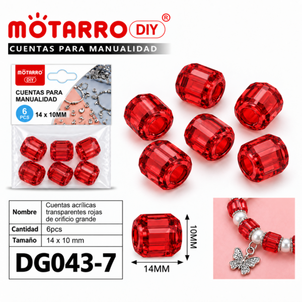 Cuentas transparentes de orificio grande – Rojo – 14 × 10 mm – 6 unidades