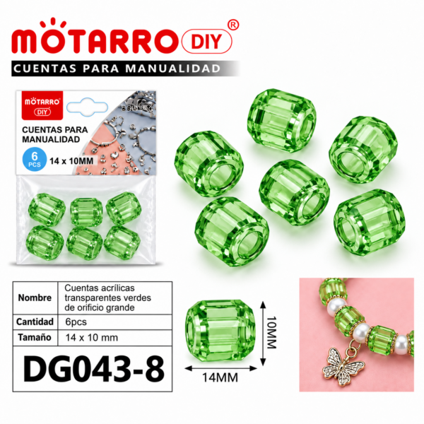 Cuentas transparentes de orificio grande – Verde – 14 × 10 mm – 6 unidades