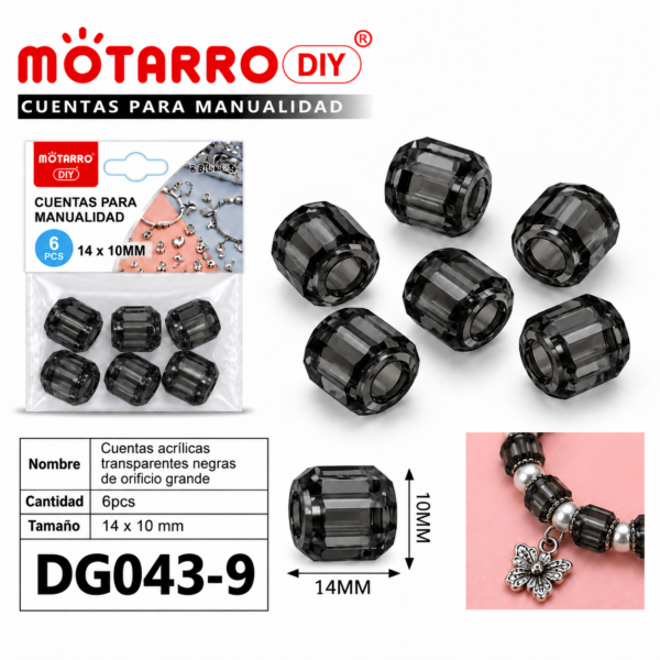 Cuentas transparentes de orificio grande – Negro – 14 × 10 mm – 6 unidades