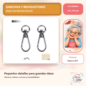 DG044-1 Set de 2 Mosquetones Metálicos con Argolla Plateados 14 x 38 mm