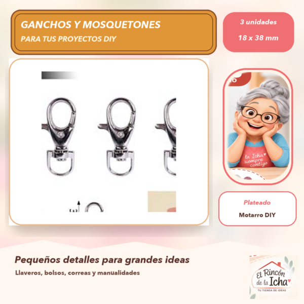 Set de 3 Mosquetones Metálicos Plateados 18 x 38 mm